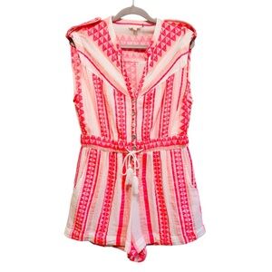 Elan bright neon pink Aztec printed romper with cinch tie waist, size Large